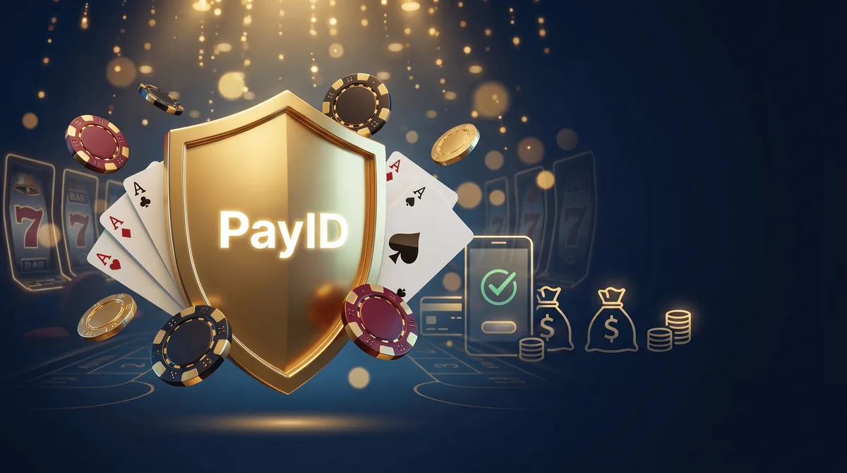 Smartphone with PayID and spinning pokie reels in Australian dollars